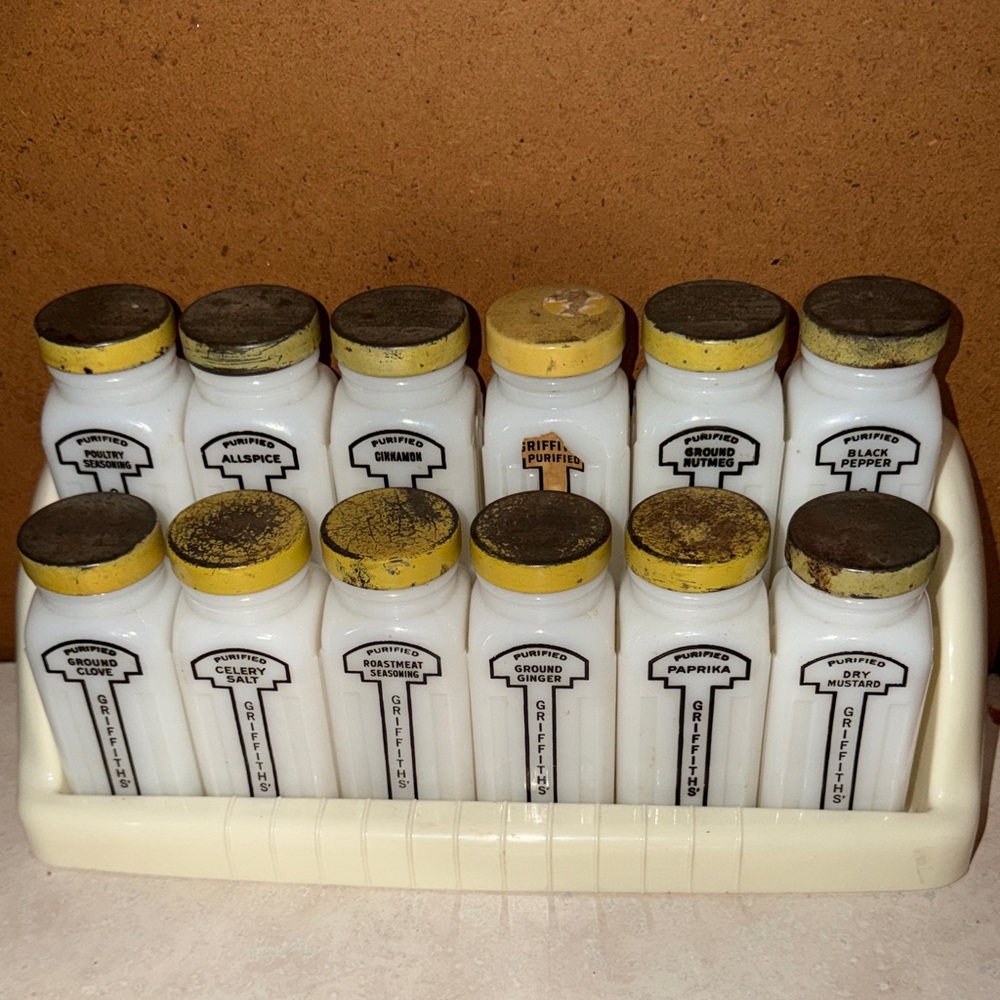Vintage Griffith Milk Glass Spice Jars and Rack